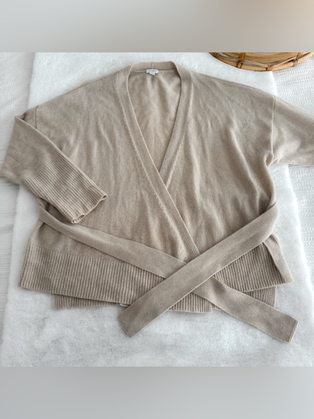 Cuyana Cashmere Wrap Sweater Cardigan in Tan Cream - Picture 9 of 14